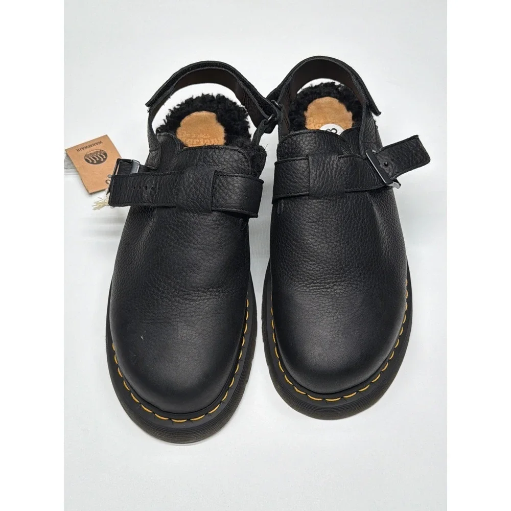 Dr Martens Black Leather Fur Lined Clog Sandal Mens Size 13 Adjustable Strap NWT